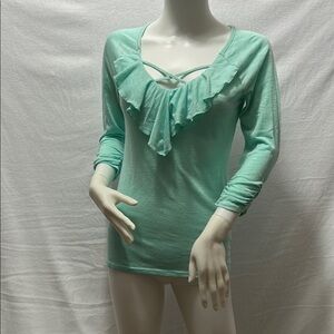 No Boundaries Aqua Ruffle V-Neck Blouse